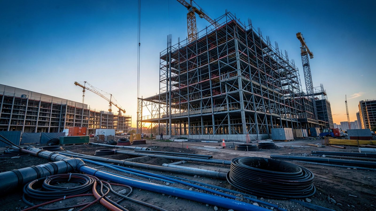 Commercial construction site at sunset with cable reels and pipes in the foreground