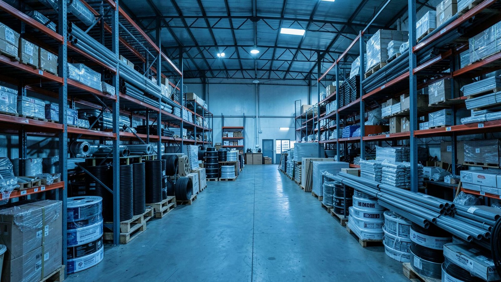 Building materials and electrical supplies stocked in a trading warehouse